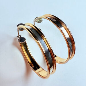 18K Yellow Gold & 925 Stelring Silver Hoops 30mm Two Tone Hoop Vintage Earrings